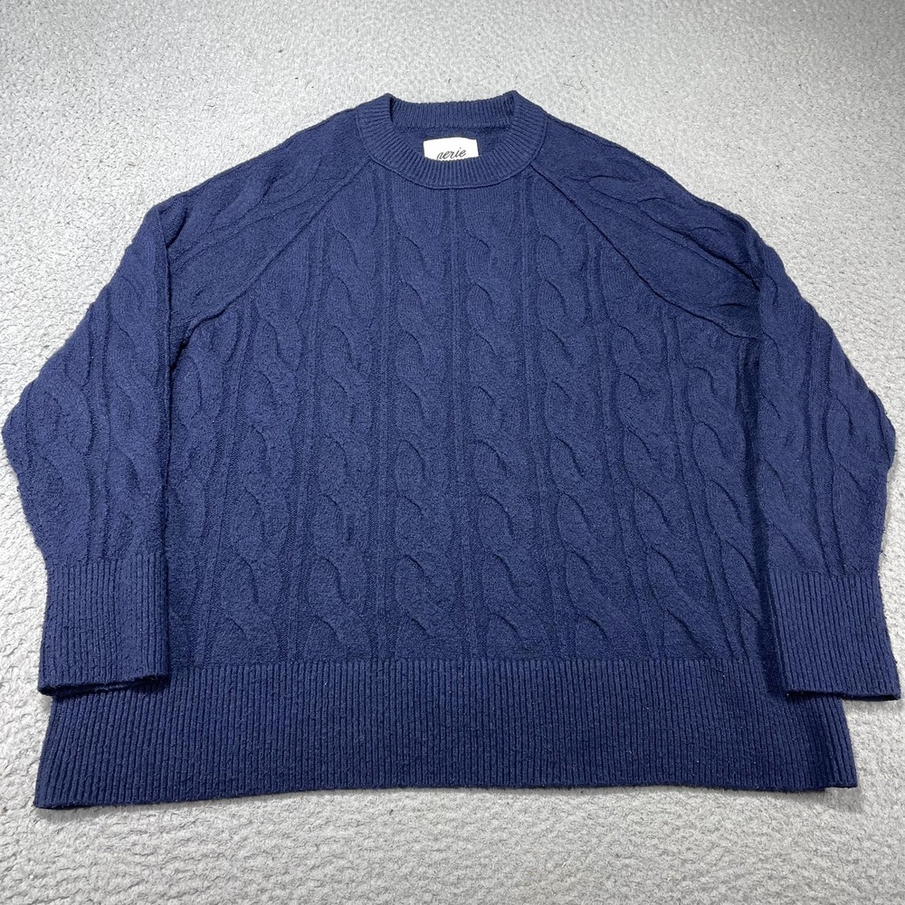 Aerie‎ Sweater Womens Medium Blue Cable Knit Crewneck Raglan Pullover Oversized